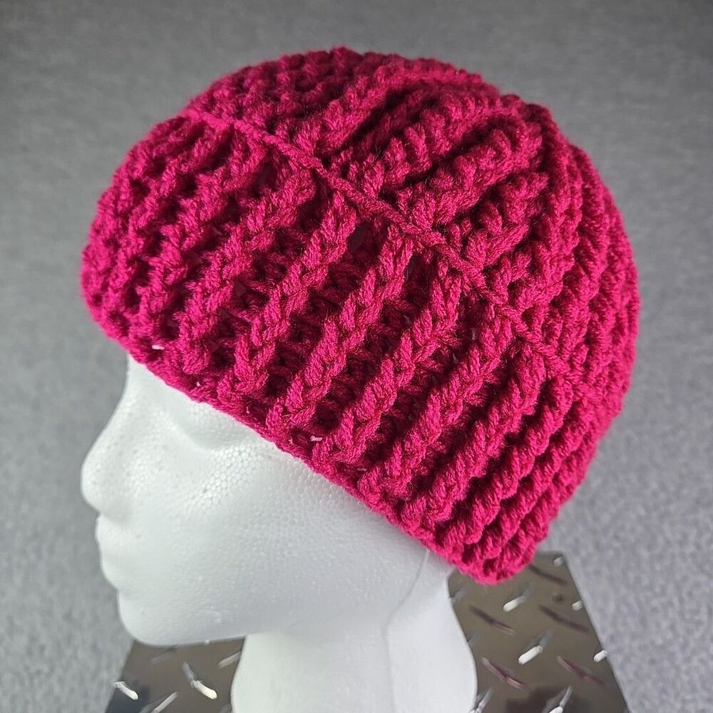 Handmade Knit Beanie Hat OSFM Magenta Dark Pink